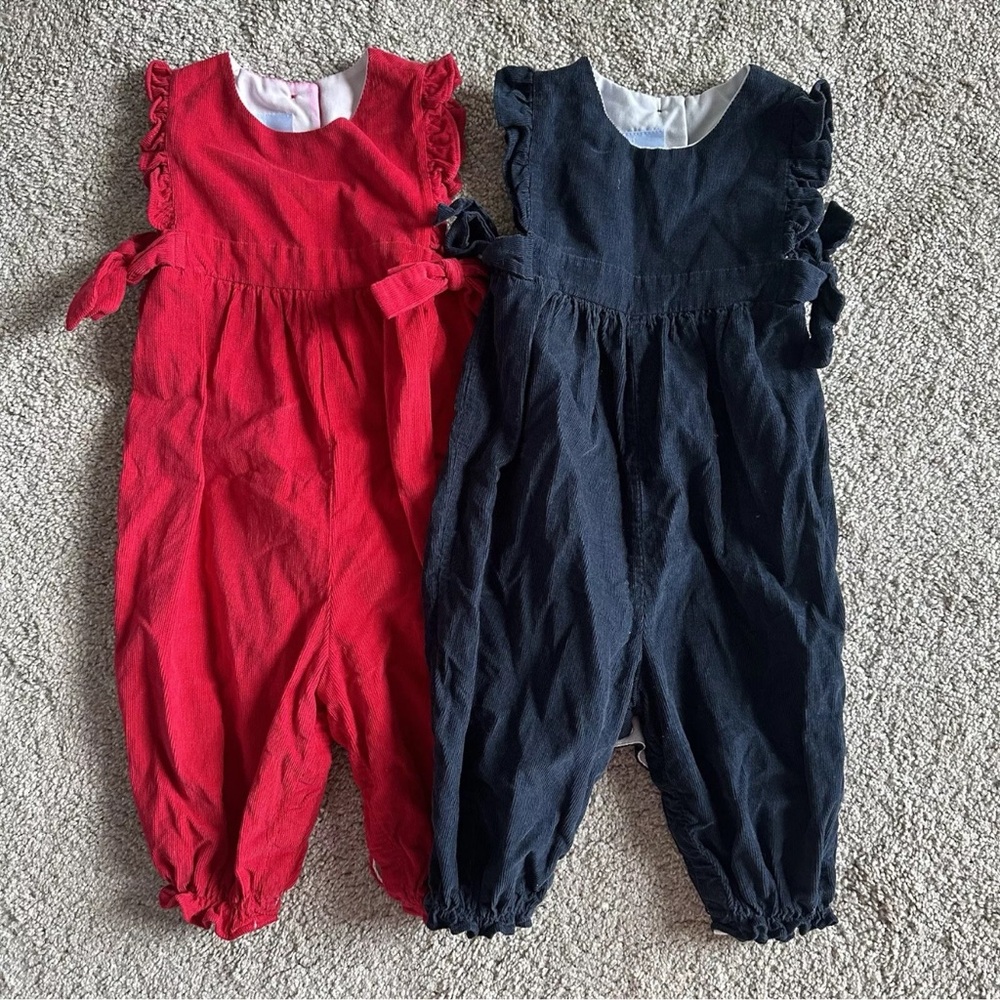 Lot Of 2 Bella Bliss Berkley Cotton Corduroy Overalls Red Navy Girl Sz 12M